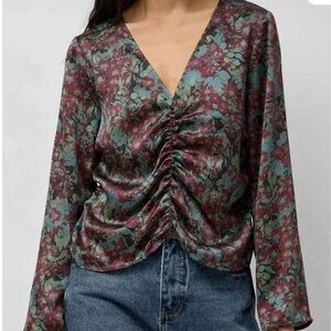 No. 6 Vienna Top in Floral Wine Garden - Ruched V-Neck Silk Blouse